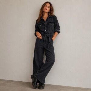 Abercrombie & Fitch Washed Black Denim Wide Leg Jumpsuit Sz MP NWT